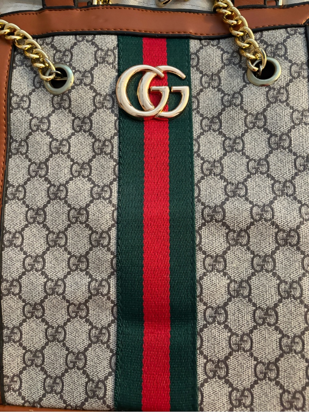 Gucci Brown Monogram Tote with Green & Red Stripe - Picture 8 of 13